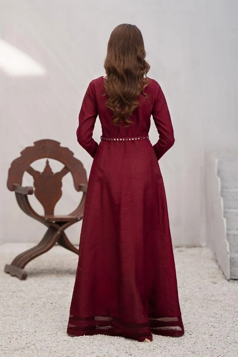 Fozia Khalid - Korean Silk Red Pishwas with Pants - 2 Piece