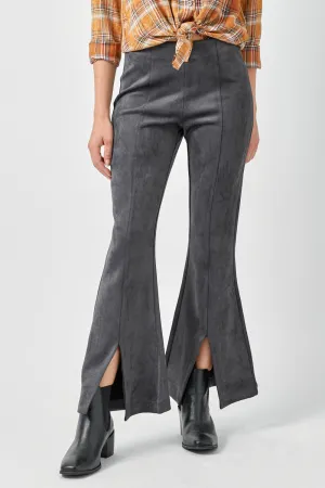 Front Slit Suede Flare Pants - Charcoal