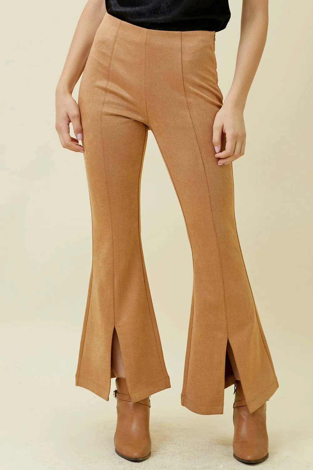 Front Slit Suede Flare Pants - Sand