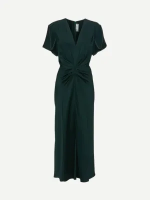 Gathered V Neck Midi Dress in Seaweed