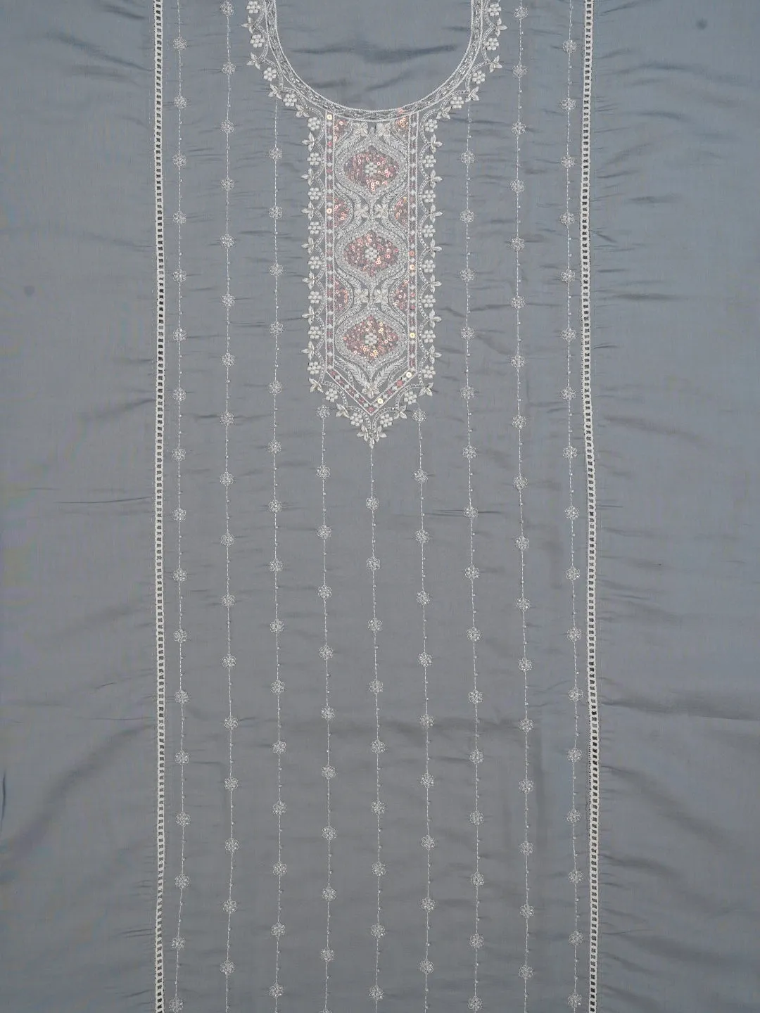 Grey Embellished Pure Silk Dress Material with Dupatta