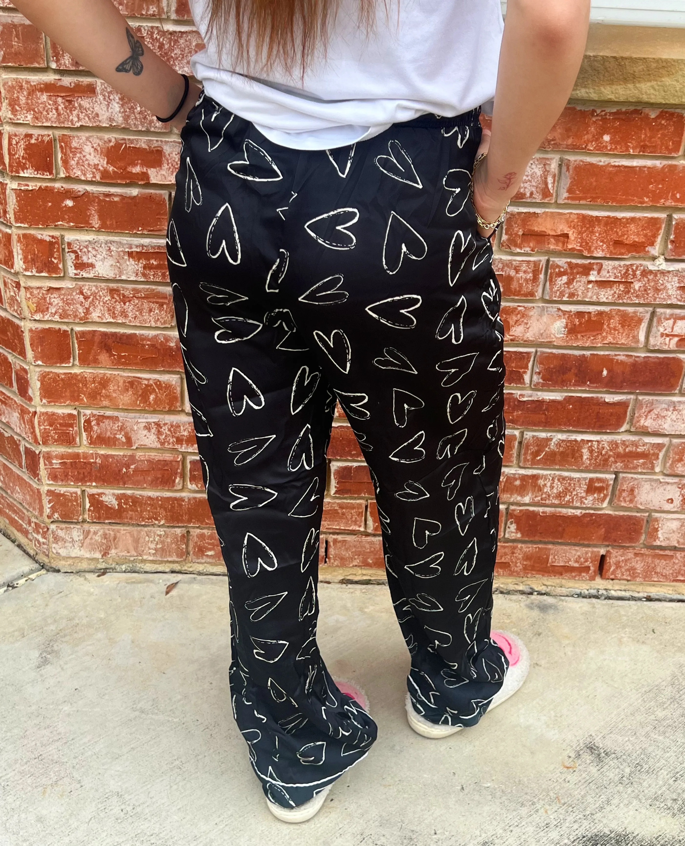 Hello Mello Heart Shaped Black Satin Pajama Pants