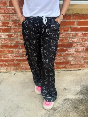 Hello Mello Heart Shaped Black Satin Pajama Pants