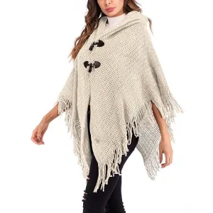 Horn Buckle Tassel Hooded Dolman Sleeve Sweaters2