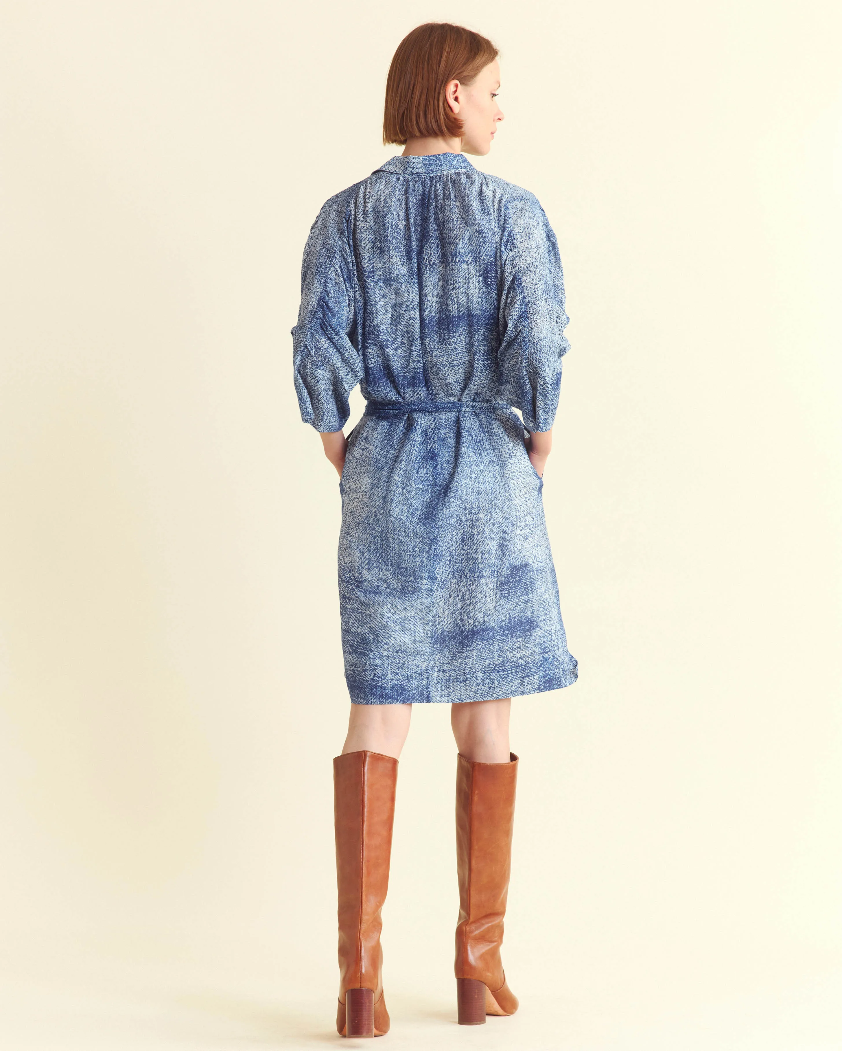Indigo Texture Shirred Shoulder Shirtdress
