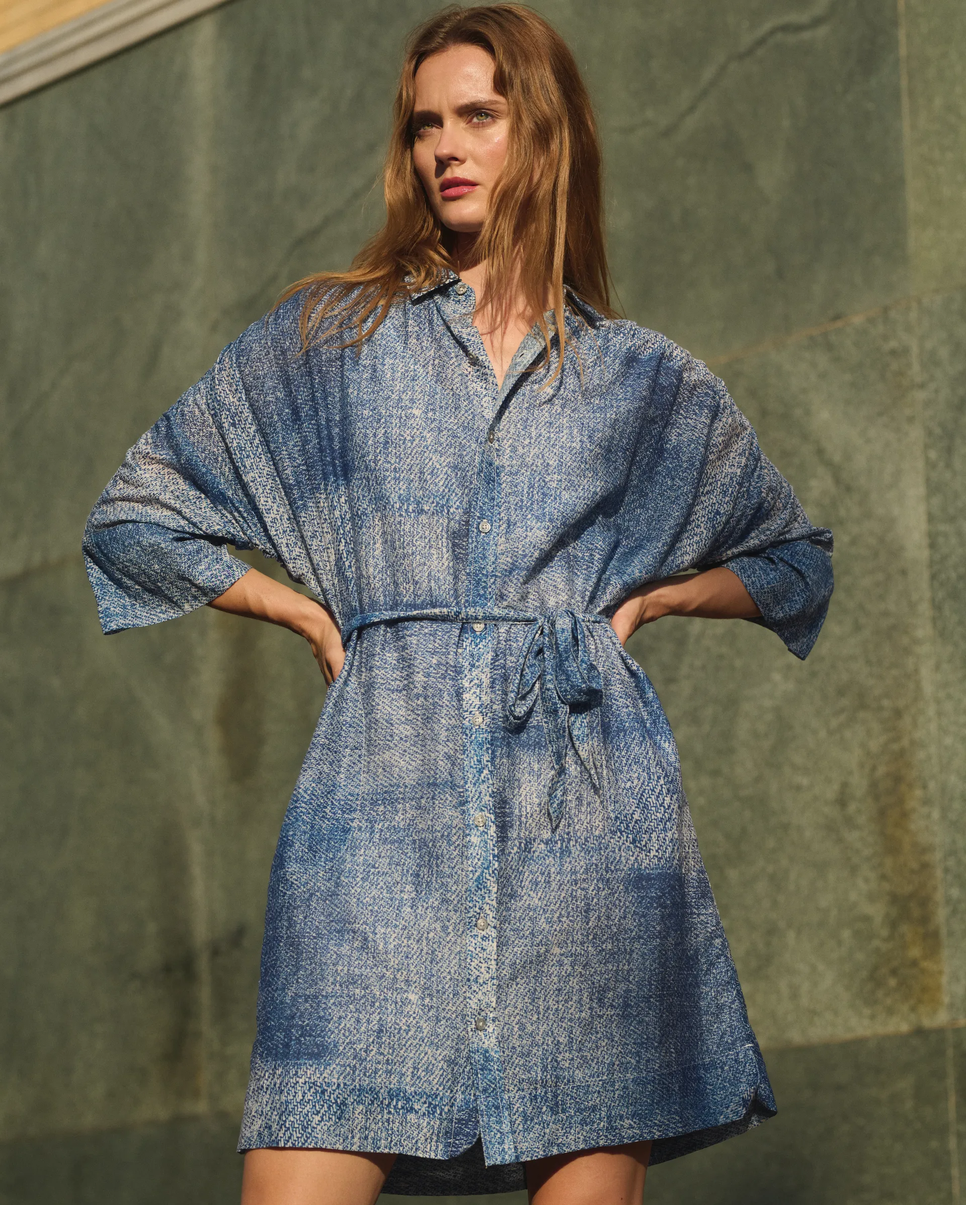 Indigo Texture Shirred Shoulder Shirtdress