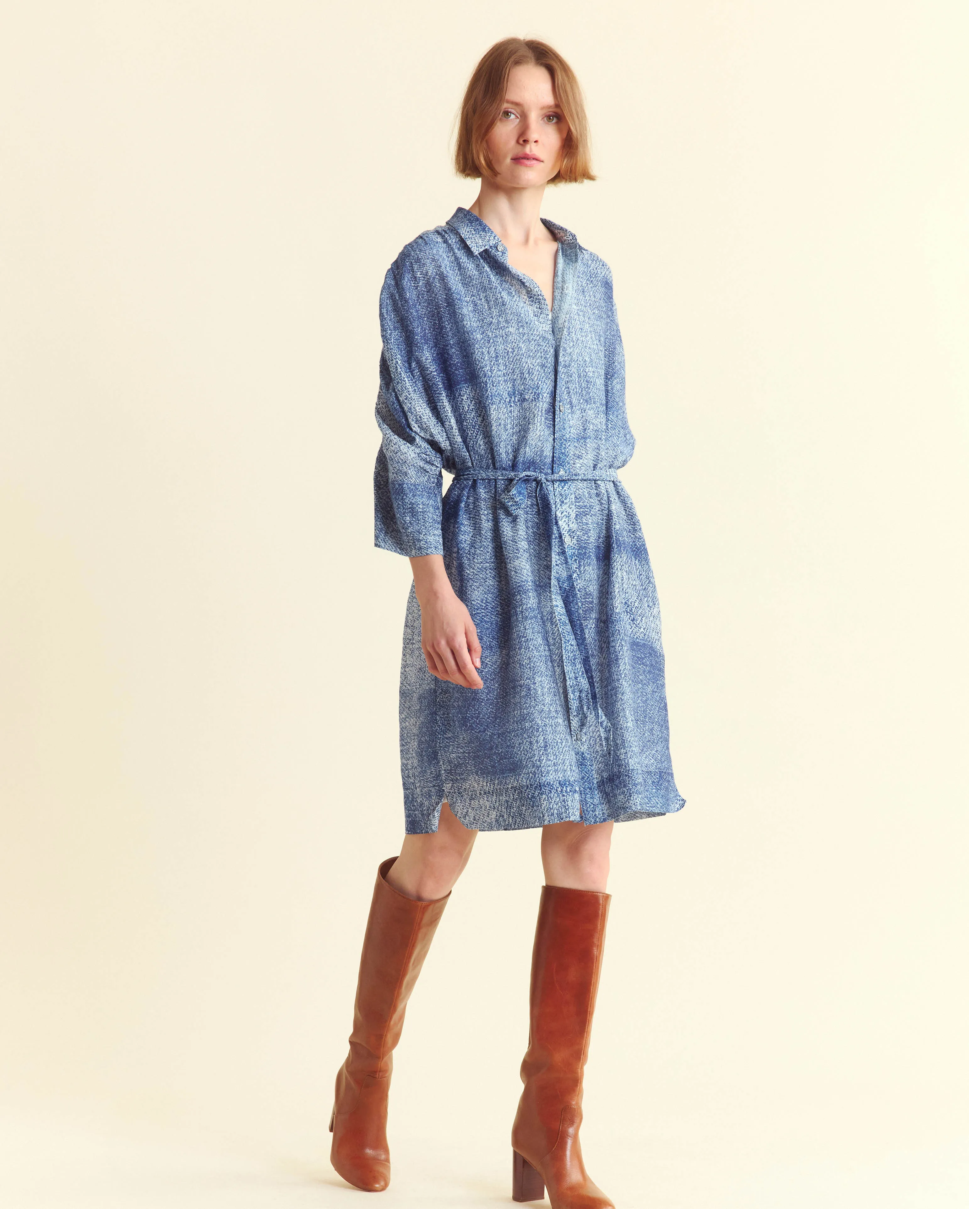Indigo Texture Shirred Shoulder Shirtdress