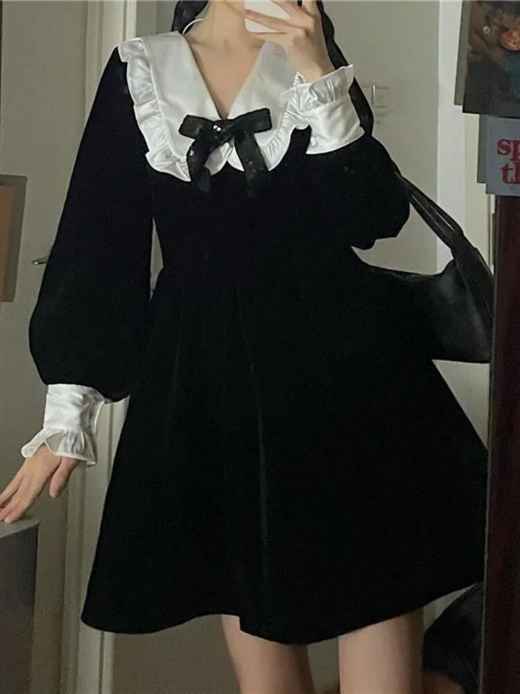 Kawaii Bow Dress Women Japanese Preppy Style Long Sleeve Mini Dresses Black Goth Vintage Lolita Outfits Sweet Streetwear