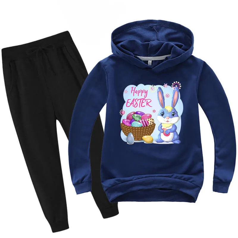 Kids Easter Hoodie Pants Cute Bunny with Eggs Casual Costume Two Piece Set Boys Girls Easter Outfit