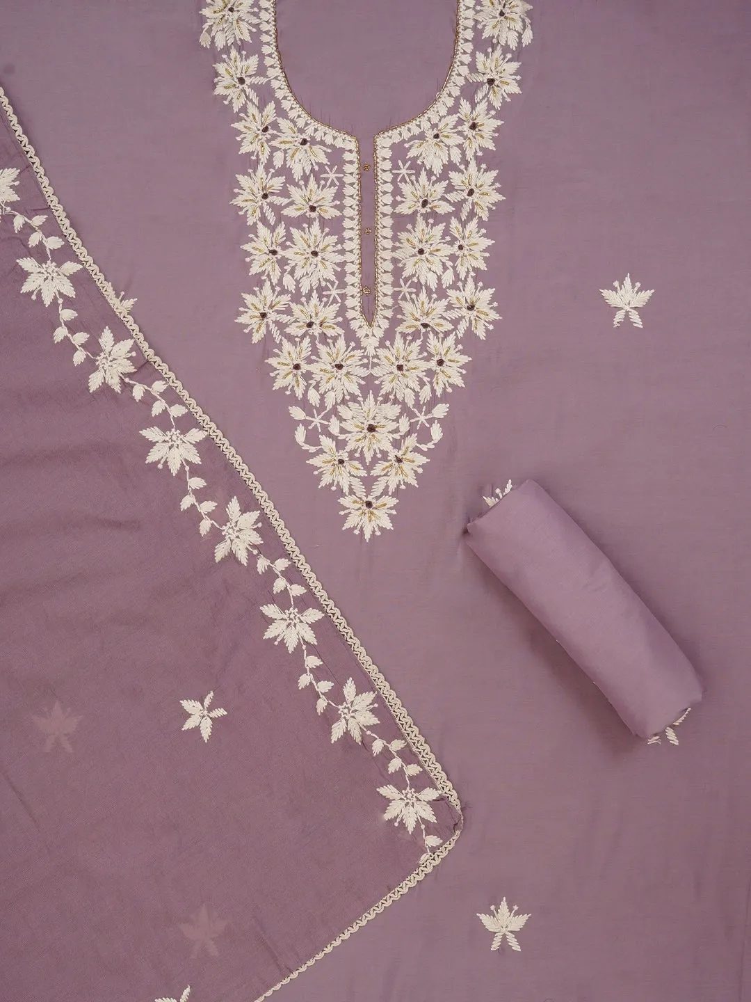 Lavender Unstitched Festive Embroidered Dress Material with Dupatta