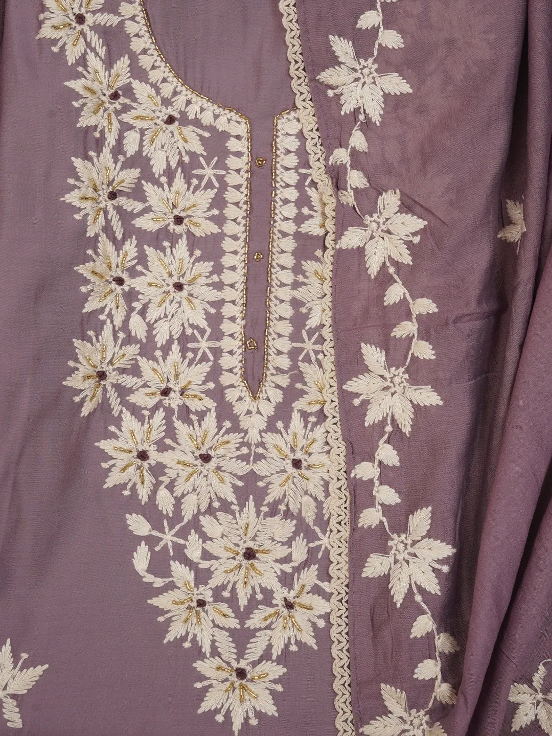 Lavender Unstitched Festive Embroidered Dress Material with Dupatta