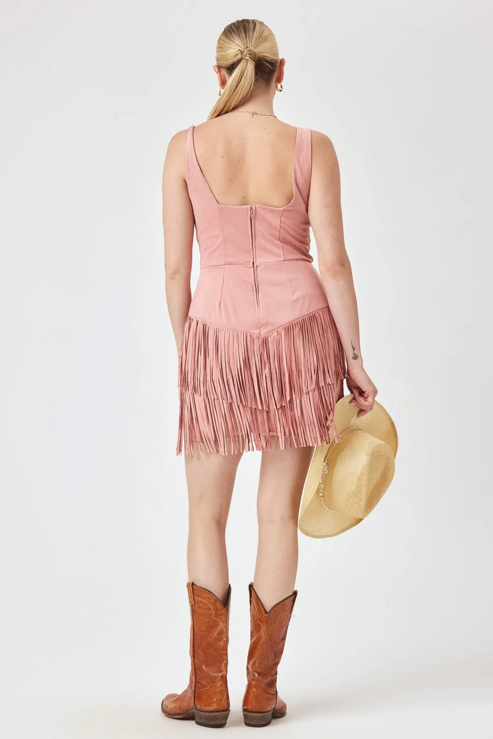 Light Pink Suede Corset Tassel Dress