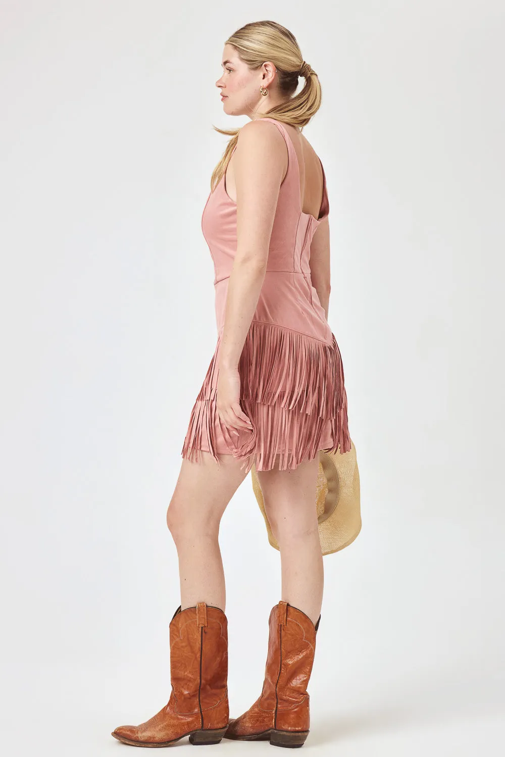 Light Pink Suede Corset Tassel Dress