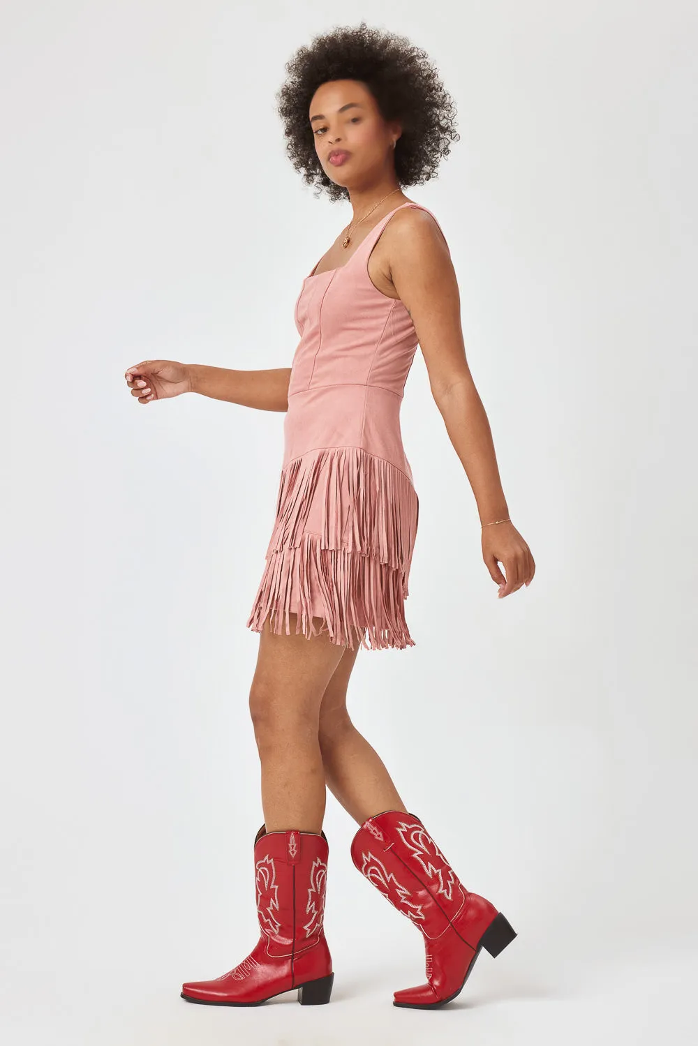Light Pink Suede Corset Tassel Dress
