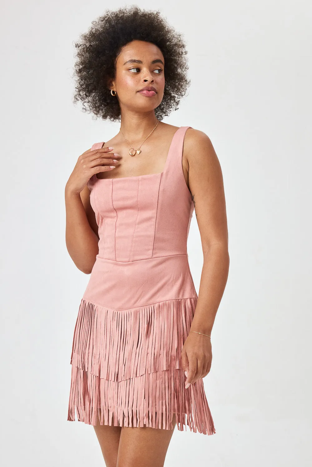 Light Pink Suede Corset Tassel Dress