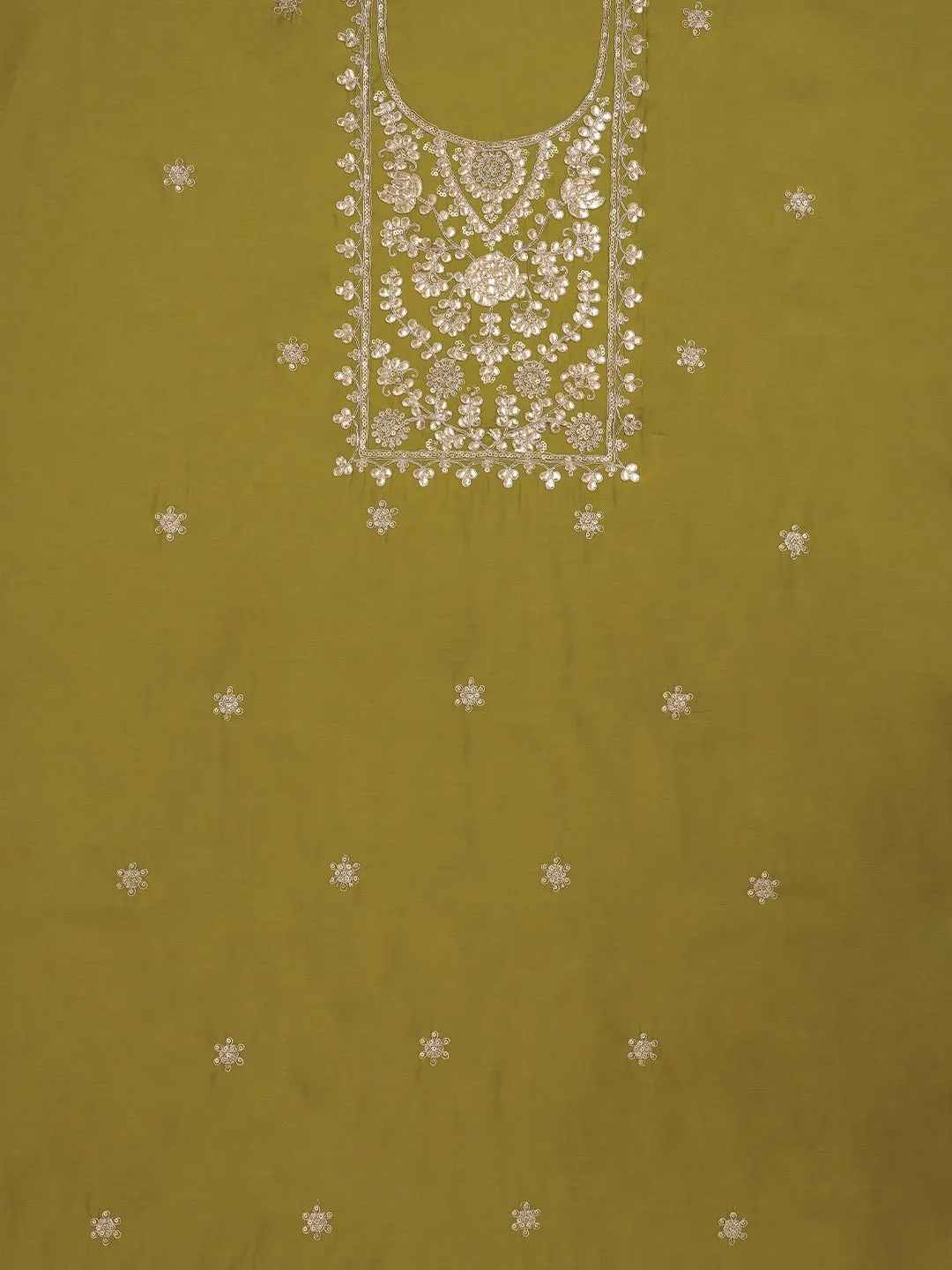 Lime Floral Printed Embroidered Pure Silk Dress Material with Dupatta