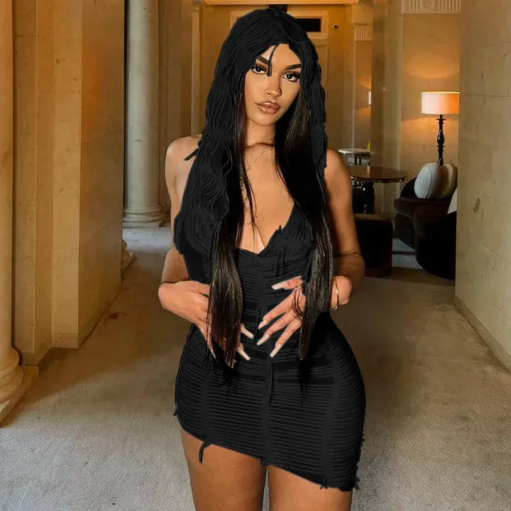 LVSANW CUTENOVA White Hooded  Swinging Collar Sleeveless Tassel Design Cascading Elegant  Women Urban Style Chemise Frock Dress