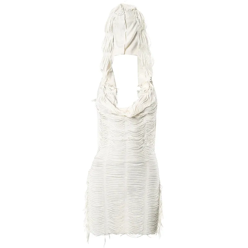 LVSANW CUTENOVA White Hooded  Swinging Collar Sleeveless Tassel Design Cascading Elegant  Women Urban Style Chemise Frock Dress
