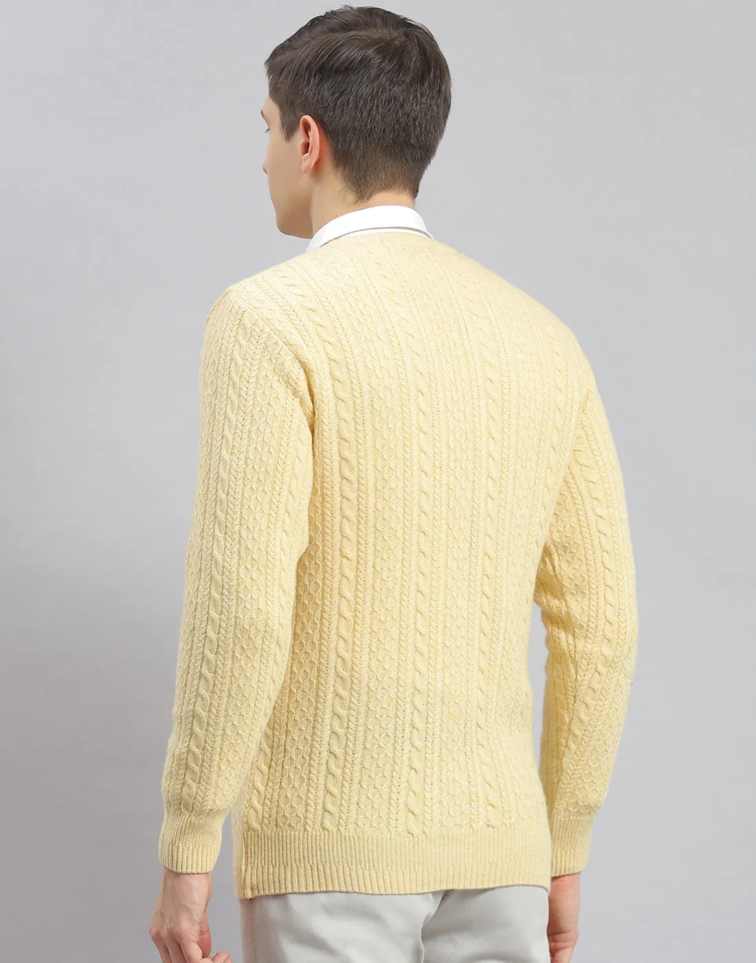Men Cream Self Design V Neck Full Sleeve Pullover