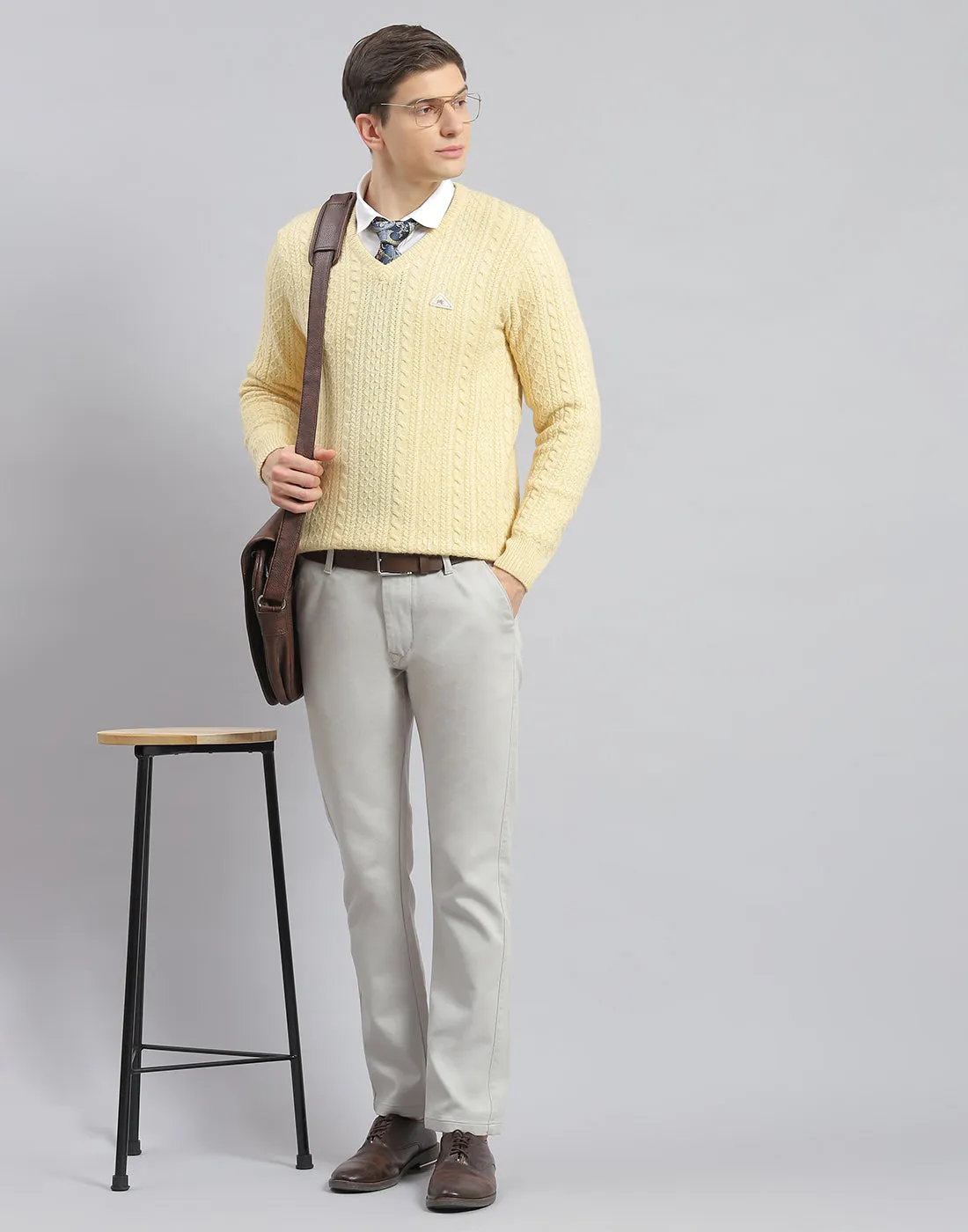 Men Cream Self Design V Neck Full Sleeve Pullover