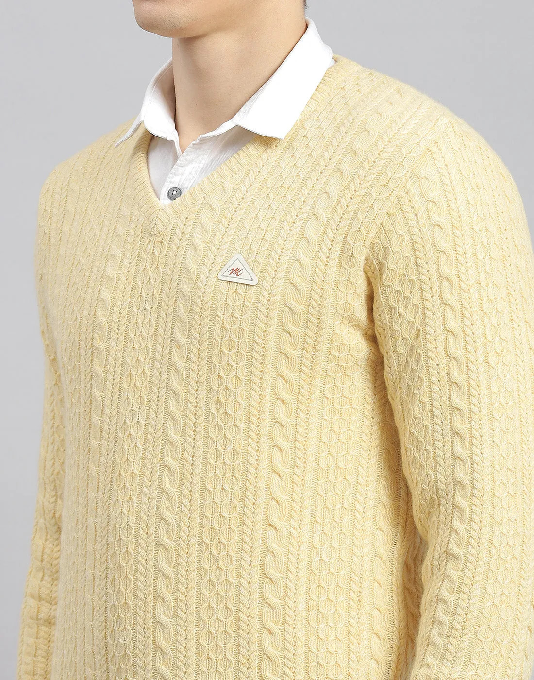 Men Cream Self Design V Neck Full Sleeve Pullover