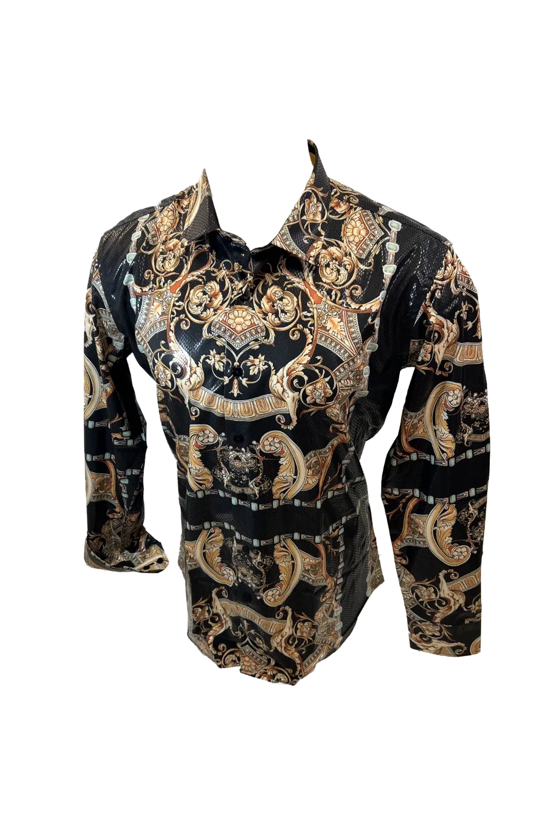 Men's Long Sleeve Button Down Dress Shirt Black Gold Jewel Geometric