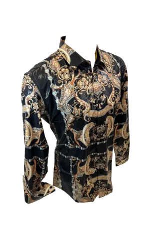 Men's Long Sleeve Button Down Dress Shirt Black Gold Jewel Geometric