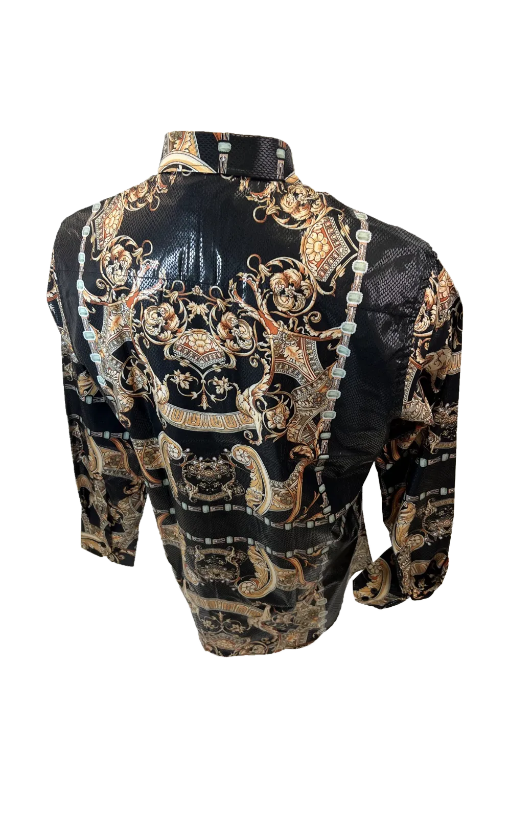 Men's Long Sleeve Button Down Dress Shirt Black Gold Jewel Geometric