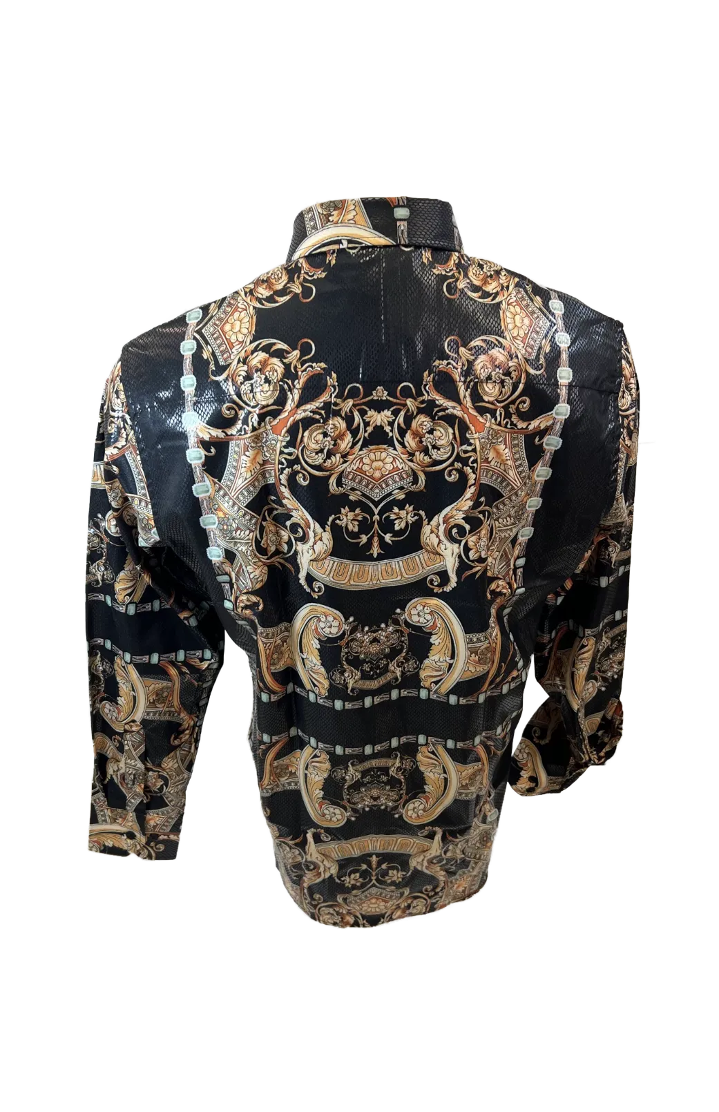 Men's Long Sleeve Button Down Dress Shirt Black Gold Jewel Geometric