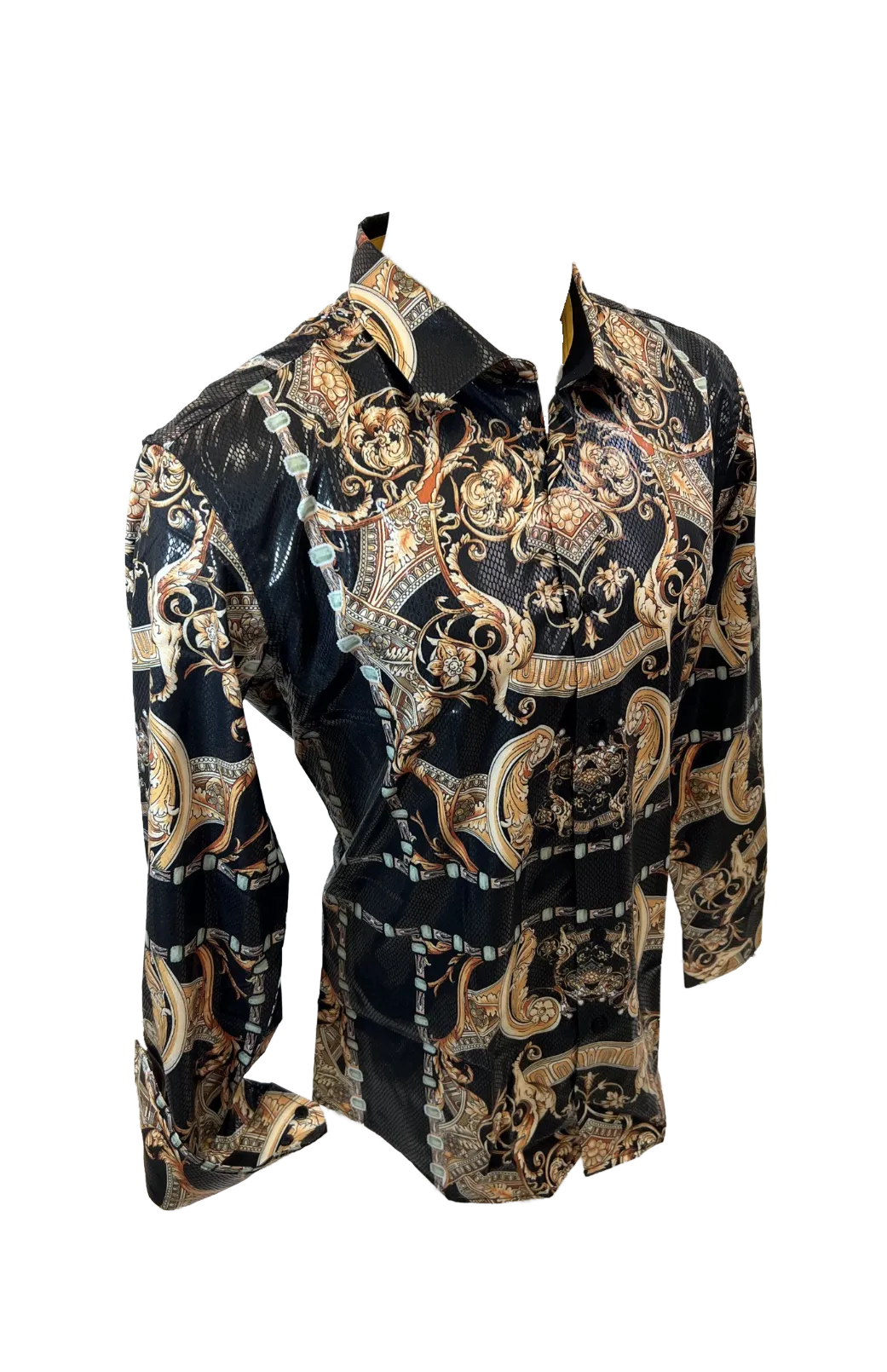 Men's Long Sleeve Button Down Dress Shirt Black Gold Jewel Geometric