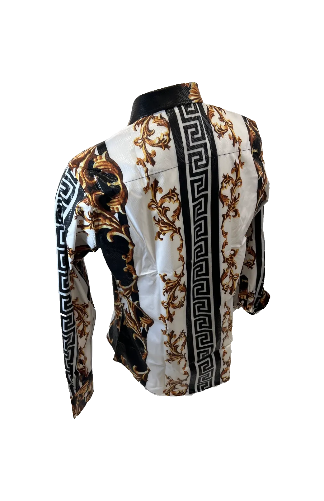 Men's Long Sleeve Button Down Dress Shirt White Black Gold Leaf Tribal Geometric