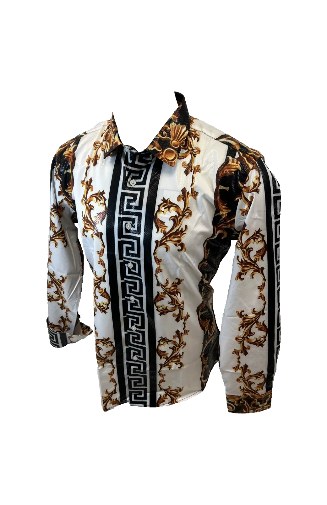 Men's Long Sleeve Button Down Dress Shirt White Black Gold Leaf Tribal Geometric