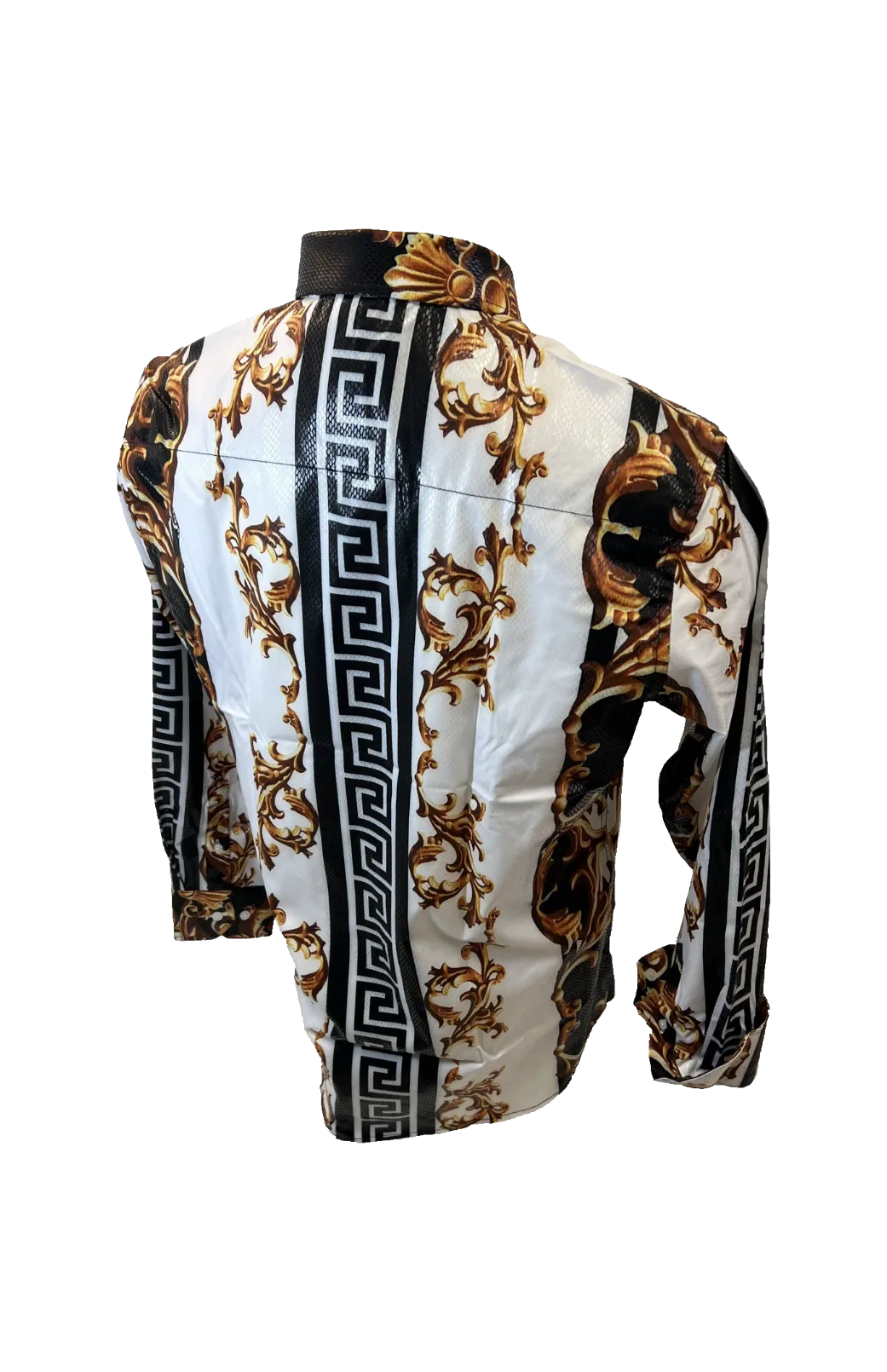 Men's Long Sleeve Button Down Dress Shirt White Black Gold Leaf Tribal Geometric