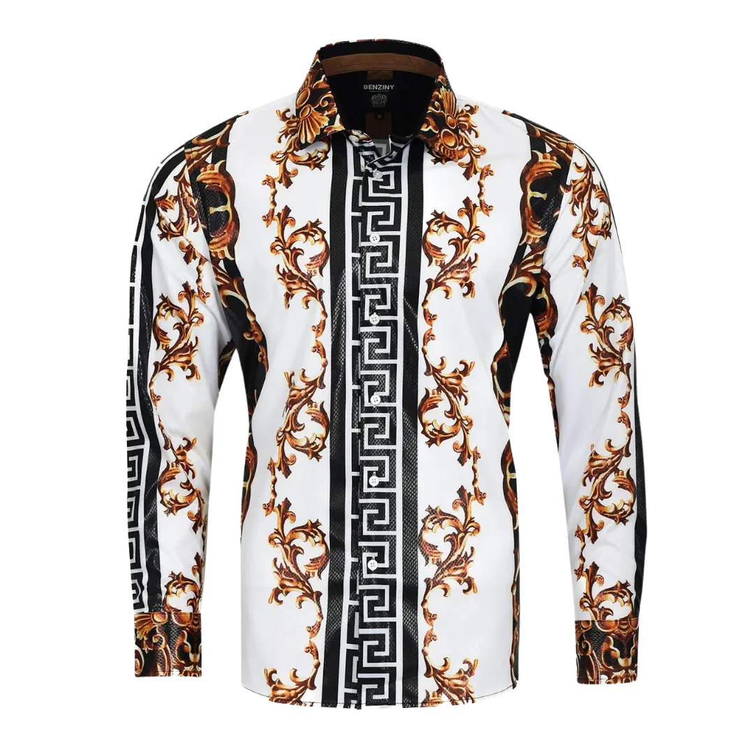 Men's Long Sleeve Button Down Dress Shirt White Black Gold Leaf Tribal Geometric