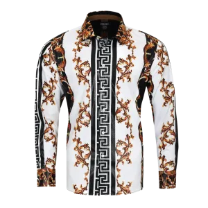 Men's Long Sleeve Button Down Dress Shirt White Black Gold Leaf Tribal Geometric