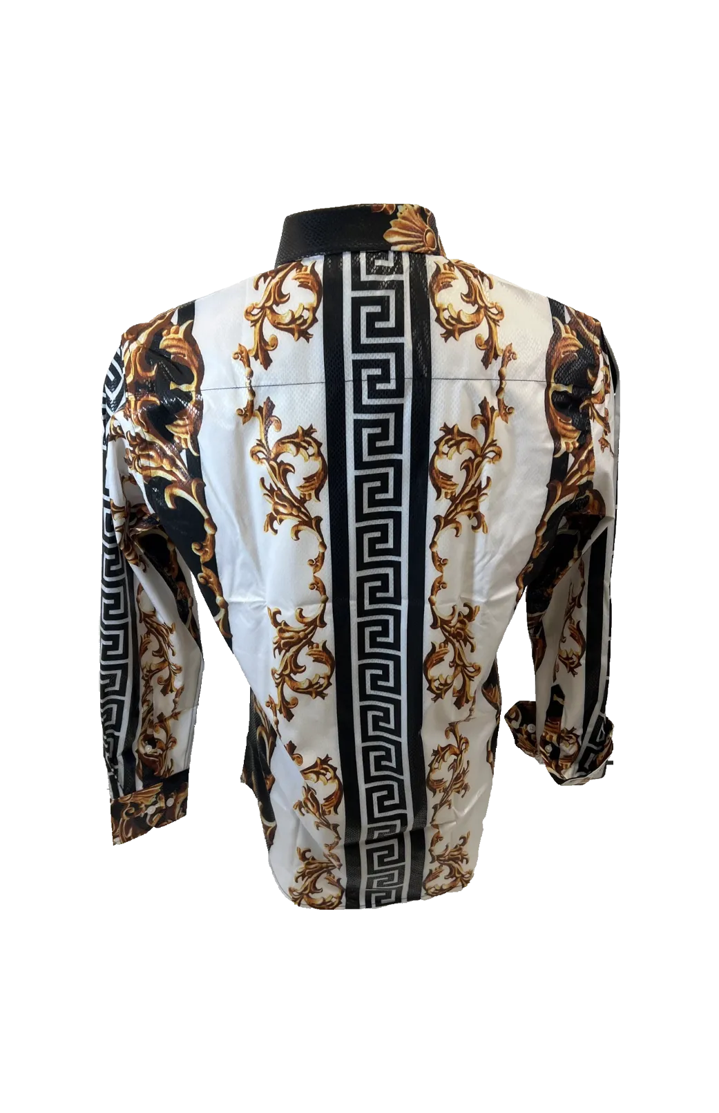 Men's Long Sleeve Button Down Dress Shirt White Black Gold Leaf Tribal Geometric