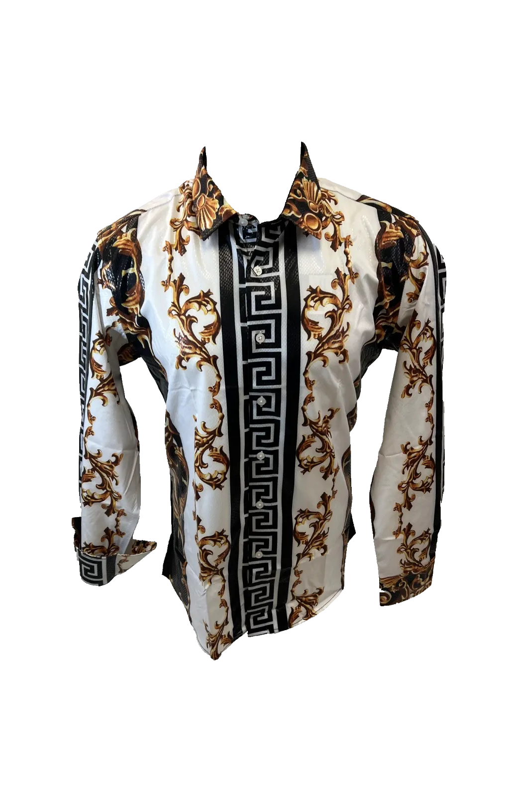 Men's Long Sleeve Button Down Dress Shirt White Black Gold Leaf Tribal Geometric