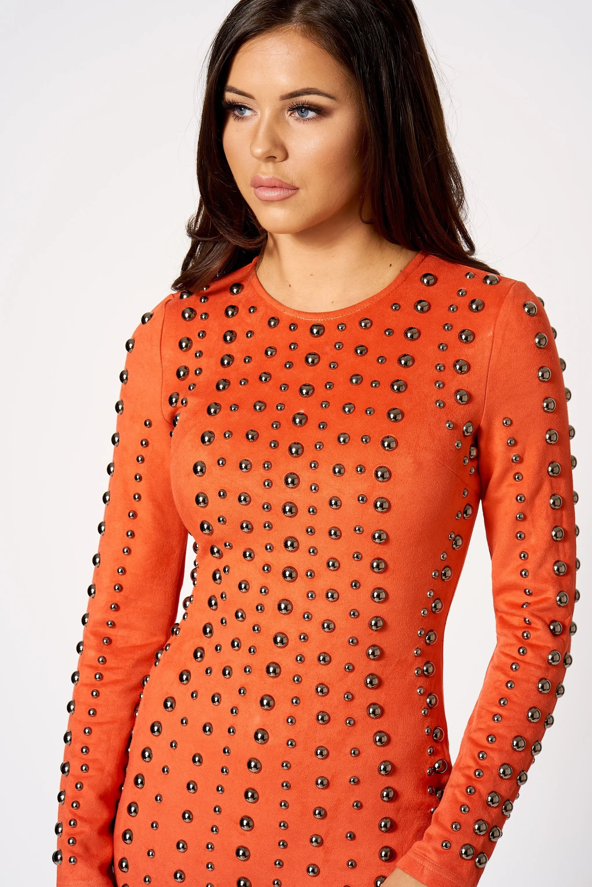 Orange Faux Suede Studded Mini Bodycon Dress