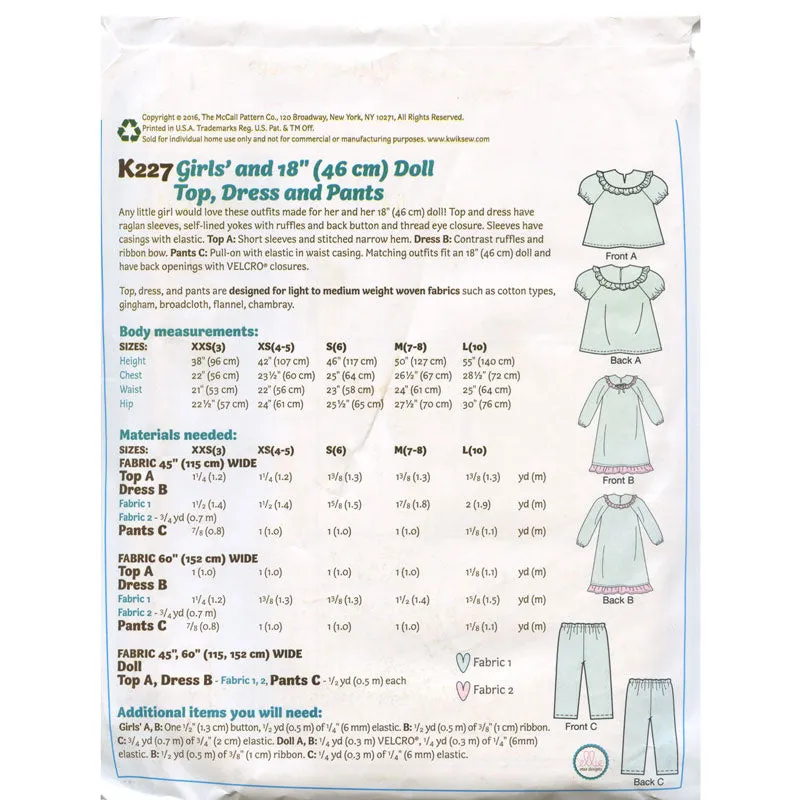 Pajama Party Girls' and 18" Doll Ruffled, Notch-Neck Top, Dress and Pants Pattern
