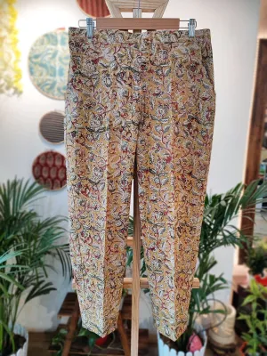 Pastel Yellow Floral Handblock Printed Kalamkari Pants