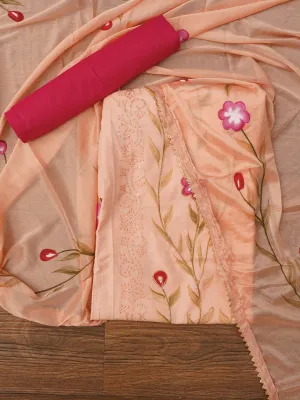 Peach Handpainted Embroidered Dress Material with Dupatta