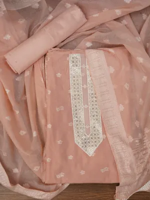 Peach Zari Woven Cotton Blend Dress Material with Dupatta