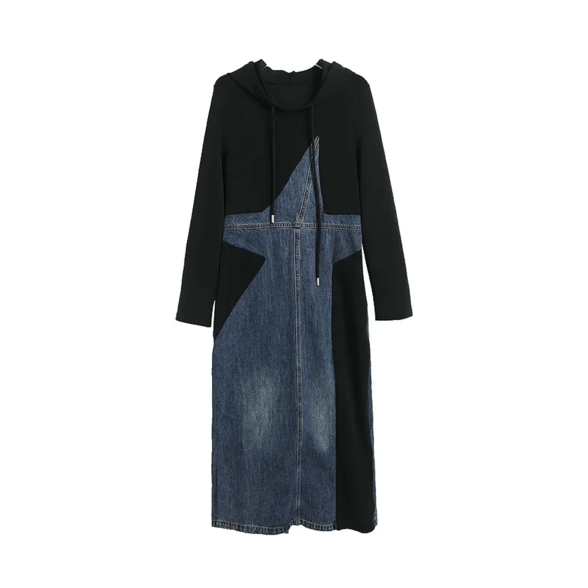 Pre Order:  Denim Spliced Hooded Drawstring Dress