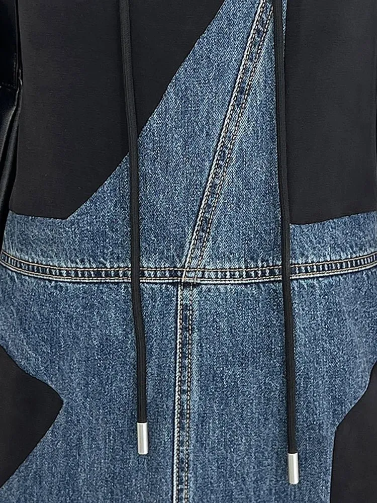 Pre Order:  Denim Spliced Hooded Drawstring Dress
