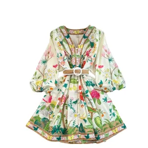 Pre Order:  Flower Print Lantern Sleeves V-Neck A-Line Dress