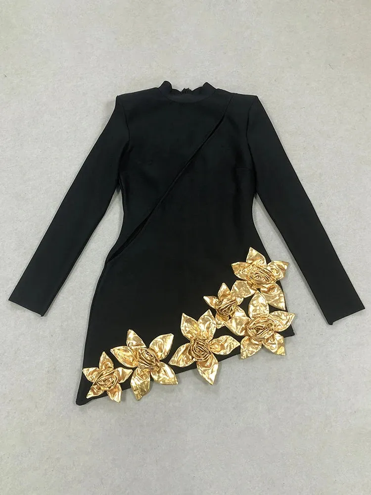 Pre Order:  Gold Flower Hollow Asymmetric Bandage Dress