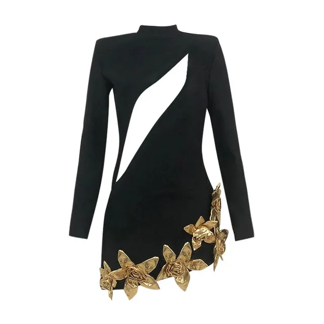 Pre Order:  Gold Flower Hollow Asymmetric Bandage Dress