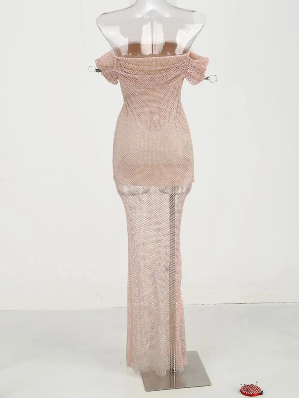 Pre Order:  Off-the-Shoulder Rhinestones Mesh Dress
