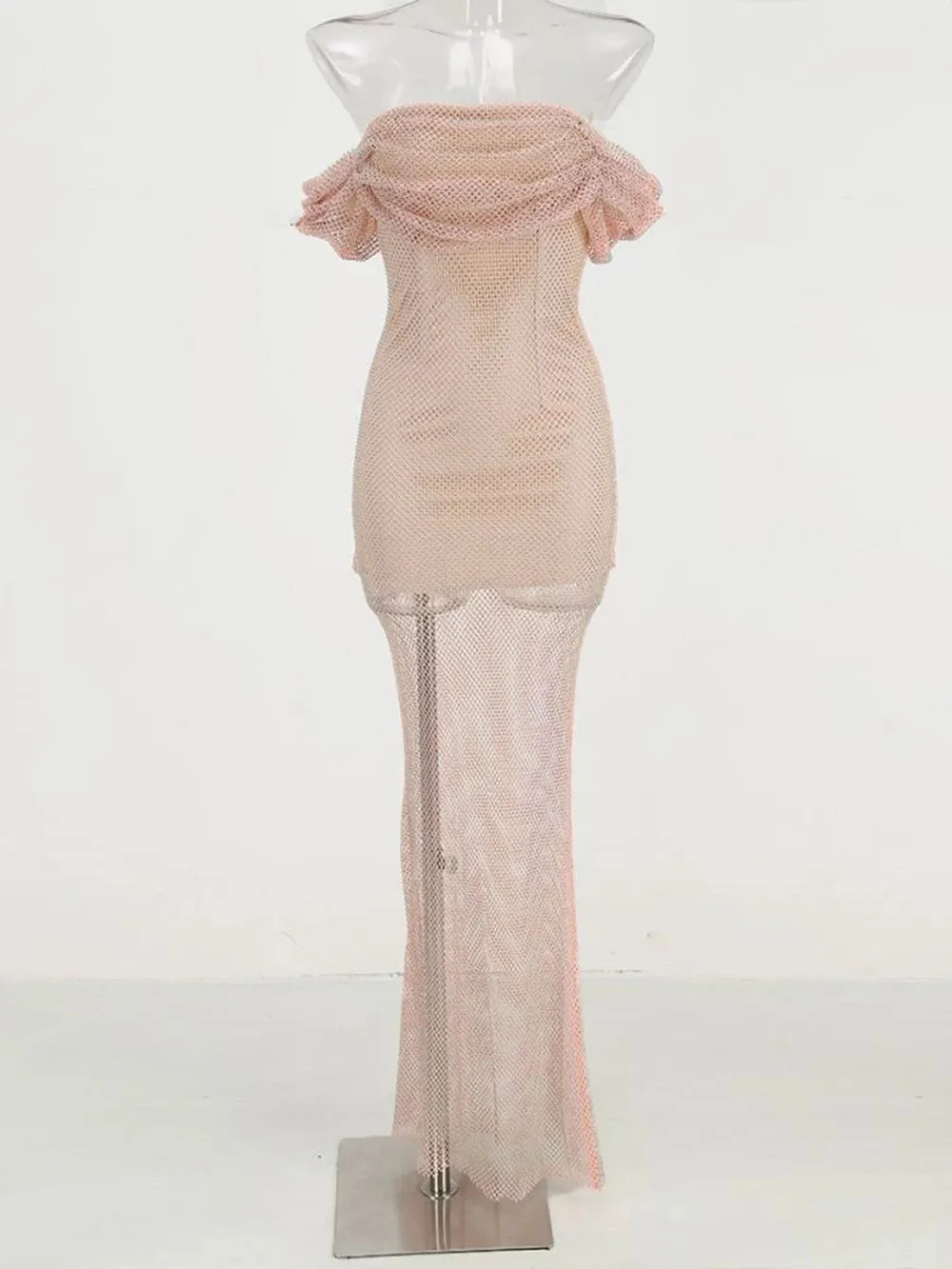 Pre Order:  Off-the-Shoulder Rhinestones Mesh Dress