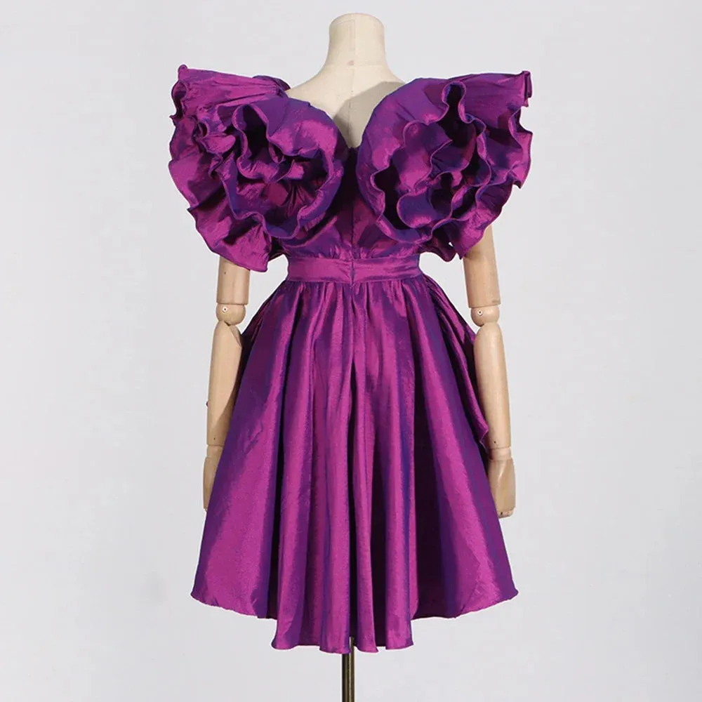 Pre Order:  Purple Ruffle Edge V-Neck Mini Dress